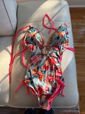 Handmade Aventura Floral One-Piece Bikini in Aqua with Hot Pink Trim
